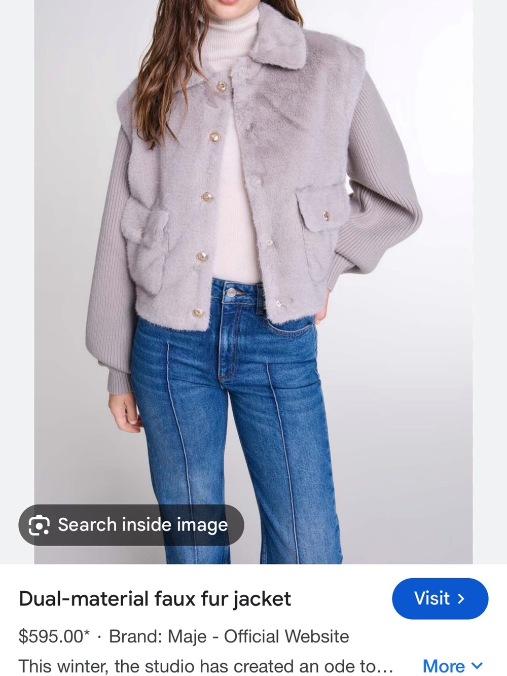 Maje Light Gray Dual-Material Teddy Jacket